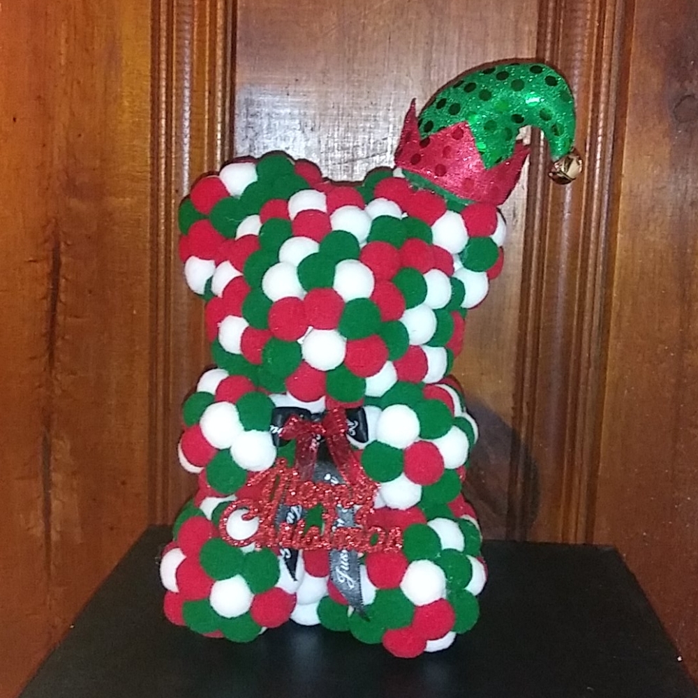 New Cotton Ball Christmas Bear w Elf hat